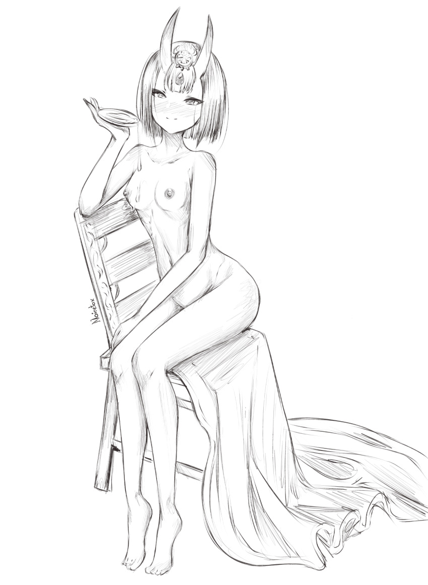 1girl absurdres artist_name barefoot blanket bob_cut breasts chair closed_mouth completely_nude fate/grand_order fate_(series) full_body greyscale headpiece highres holding holding_plate horns looking_at_viewer monochrome nipples noiretox nude oni plate pouring short_hair shuten_douji_(fate) simple_background sitting sketch small_breasts solo white_background