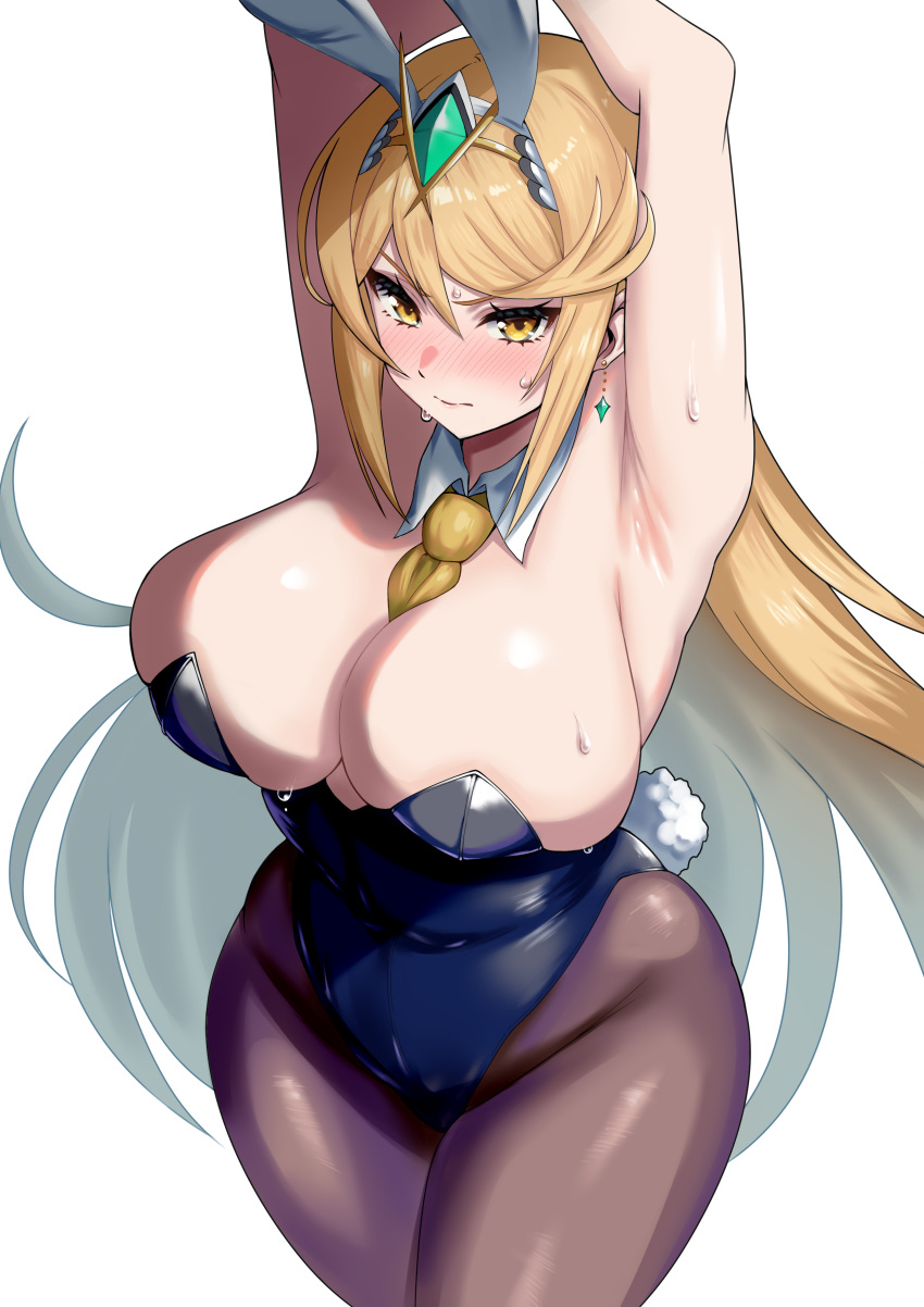 1girl absurdres animal_ears armpit_crease armpits blonde_hair blush breasts chest_jewel cleavage detached_collar earrings fake_animal_ears headpiece highres jewelry large_breasts leotard long_hair looking_at_viewer mythra_(xenoblade) pantyhose playboy_bunny plump rabbit_ears solo strapless strapless_leotard sweat sweatdrop swept_bangs tiara very_long_hair wide_hips xenoblade_chronicles_(series) xenoblade_chronicles_2 yamada_hatsune yellow_eyes