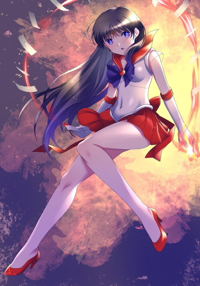 1girl back_bow bishoujo_senshi_sailor_moon black_hair bow bowtie circlet covered_navel elbow_gloves fire gem gloves high_heels highres himewachi hino_rei jewelry long_hair magical_girl ofuda purple_bow purple_bowtie purple_eyes red_footwear red_gemstone red_sailor_collar red_skirt sailor_collar sailor_mars sailor_senshi sailor_senshi_uniform skirt solo tiara white_gloves