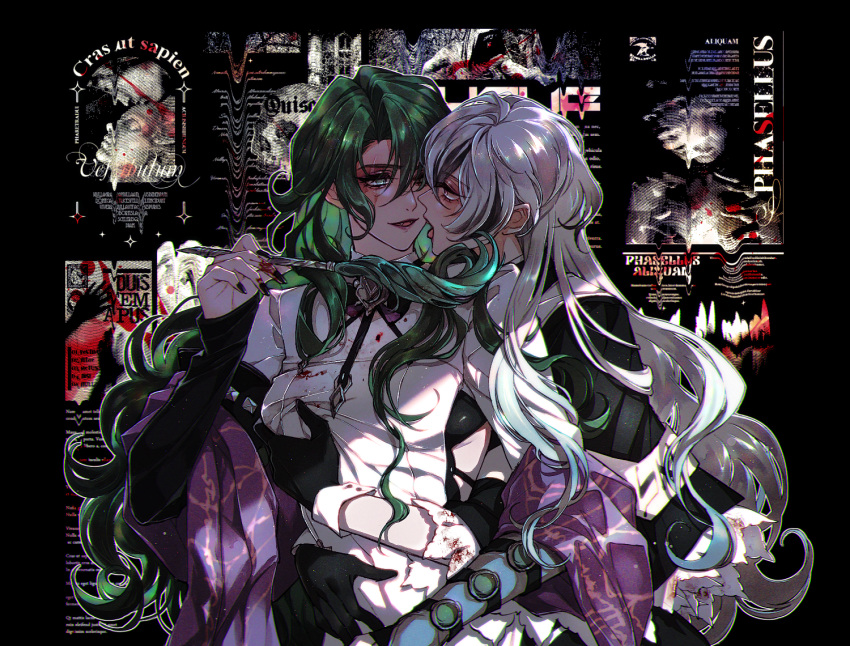 2girls black_gloves black_nails blood blood_on_clothes blood_on_hands blood_stain blush commentary_request eye_contact face-to-face fangs gloves grabbing grabbing_another's_breast green_eyes green_hair heads_together holding holding_pen hug hug_from_behind imminent_kiss looking_at_another mamaloni multicolored_hair multiple_girls nail_polish oak_casket_(path_to_nowhere) path_to_nowhere pen pointing pointing_at_another purple_eyes purple_lips purple_shawl raven_(path_to_nowhere) scar scar_across_eye scar_on_face scar_on_forehead sharp_teeth shawl shirt streaked_hair teeth tongue tongue_out white_hair white_shirt yuri