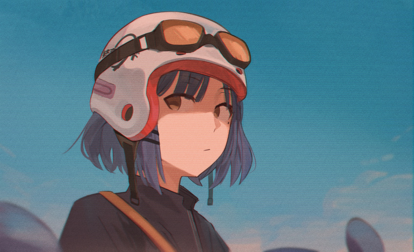 1girl black_jacket blue_hair blue_sky bocchi_the_rock! brown_eyes closed_mouth cloud commentary day eyewear_on_headwear film_grain hair_ornament hairclip helmet highres jacket mole mole_under_eye motorcycle_helmet outdoors seistfu short_hair sideways_glance sky solo yamada_ryo