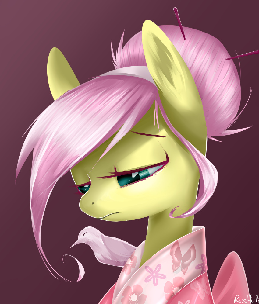 2018 alternate_hairstyle avian bird bust_portrait clothed clothing equine eyebrows eyelashes female feral fluttershy_(mlp) friendship_is_magic frown hair hair_bun half-closed_eyes hi_res japanese_clothing kimono looking_down mammal my_little_pony pink_hair portrait purple_background rosefluff sad signature simple_background solo teal_eyes