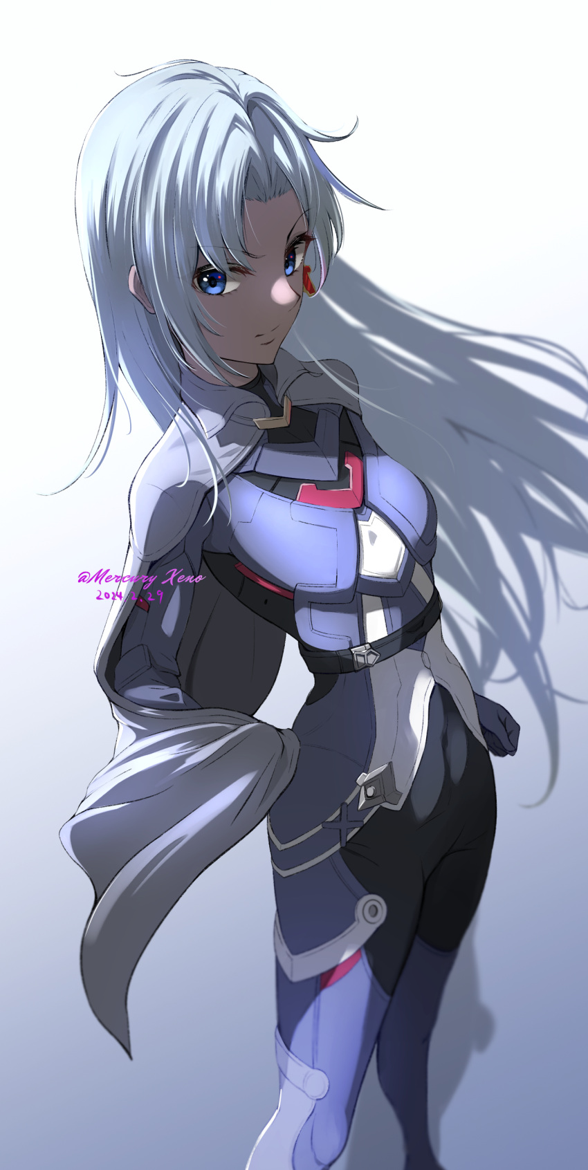 1girl a_(xenoblade) absurdres armored_bodysuit cape collared_cape earrings expressionless grey_cape highres jewelry long_hair looking_at_viewer mercury_xeno messy_hair pants single_earring solo tight_clothes tight_pants xenoblade_chronicles_(series) xenoblade_chronicles_3 xenoblade_chronicles_3:_future_redeemed