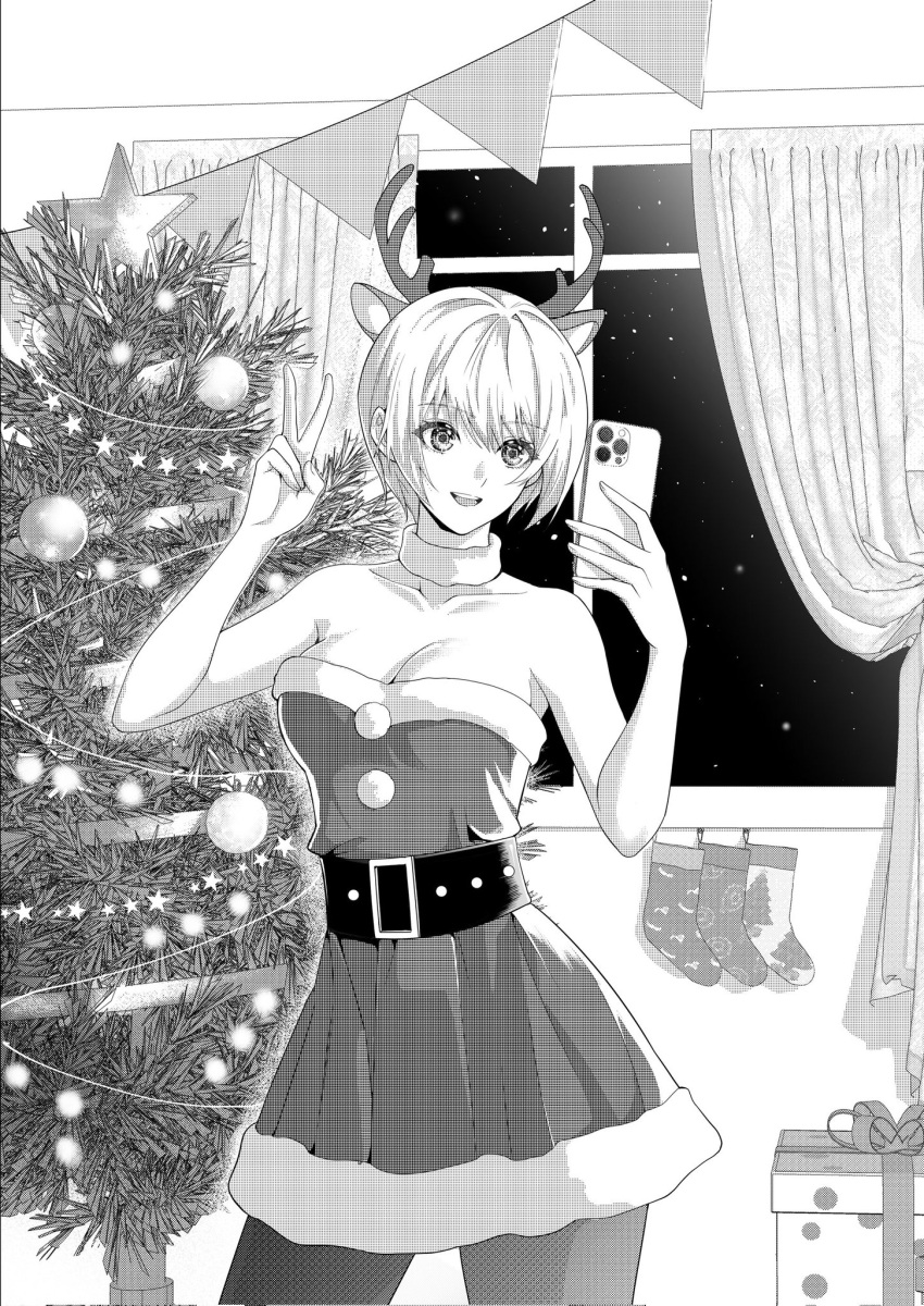 1girl animal_ears antlers black872233196 box breasts choker christmas christmas_stocking christmas_tree cleavage_cutout clothing_cutout dress fake_animal_ears fake_antlers gift gift_box greyscale highres horns ichigo_100_percent indoors large_breasts monochrome nishino_tsukasa reindeer_antlers santa_dress selfie short_hair sidelocks snow thighhighs v