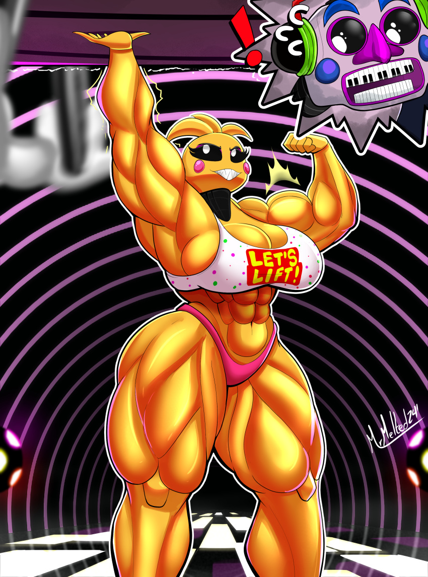 2024 5_fingers abs absurd_res animatronic anthro artist_name avian biceps big_breasts bird black_sclera breasts chicken cleavage clothed clothing crop_top curvy_figure dated detailed_background digital_drawing_(artwork) digital_media_(artwork) dj_music_man_(fnaf) duo electronics exclamation_point eyelashes female fingers five_nights_at_freddy's five_nights_at_freddy's:_security_breach five_nights_at_freddy's_2 flexing flexing_bicep galliform gallus_(genus) headphones hi_res humanoid lifting_person machine male mrmelted muscular muscular_anthro muscular_female muscular_thighs panties phasianid pink_clothing pink_panties pink_underwear robot robot_humanoid scottgames sharp_teeth shirt side_boob signature skimpy smile steel_wool_studios teeth thick_thighs topwear toy_chica_(fnaf) underwear voluptuous white_eyes wide_hips yellow_body