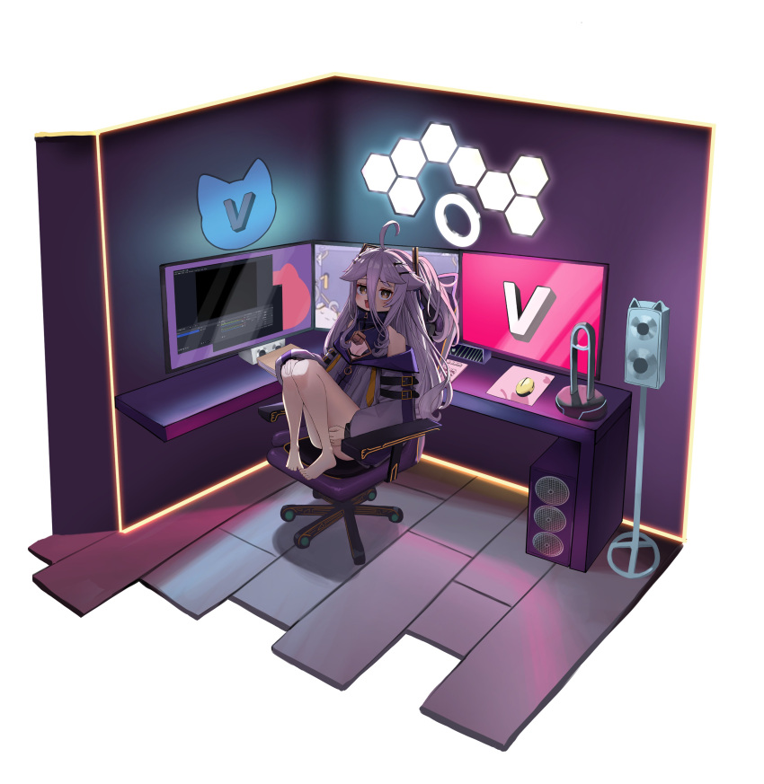 1girl absurdres ahoge at_computer barefoot black_bra bra breasts chair cleavage_cutout clothing_cutout dress gaming_chair gradient_hair grey_hair haikuyomi_(819) hair_between_eyes hair_ornament hair_ribbon hairpin henya_the_genius henya_the_genius_(1st_costume) highres long_bangs long_hair looking_at_viewer monitor multicolored_hair open_mouth purple_dress purple_hair purple_ribbon ribbon small_breasts smile solo swivel_chair two_side_up underwear virtual_youtuber vshojo yellow_eyes