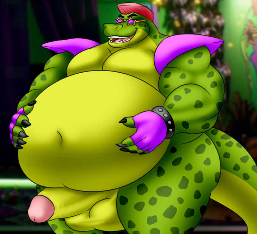 anthro balls belly big_balls big_belly big_penis bracelet camp14 clothing eyewear five_nights_at_freddy's five_nights_at_freddy's:_security_breach genitals gloves half-erect hand_on_belly hands_on_belly hands_on_stomach handwear hi_res jewelry male mohawk montgomery_gator_(fnaf) musclegut muscular nails open_mouth overweight overweight_male penis scottgames shoulder_pads smile solo stage standing steel_wool_studios sunglasses