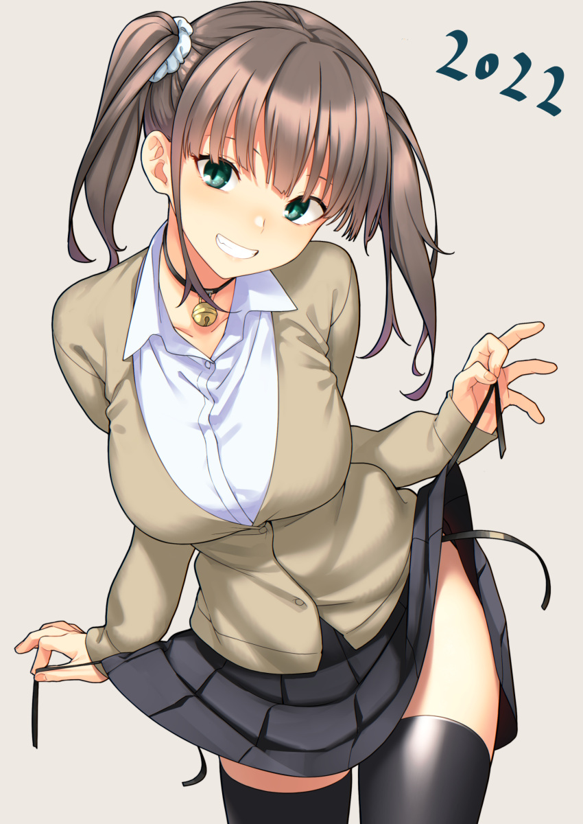 1girl absurdres bell black_skirt black_thighhighs blush breasts brown_hair brown_sweater choker collared_shirt dress_shirt green_eyes grin hatakenaka_(kamagabuchi) highres large_breasts long_hair long_sleeves looking_at_viewer neck_bell original panties school_uniform shirt side-tie_panties skirt smile solo string_panties string_pull sweater thighhighs thighs twintails underwear untied_panties untying white_shirt