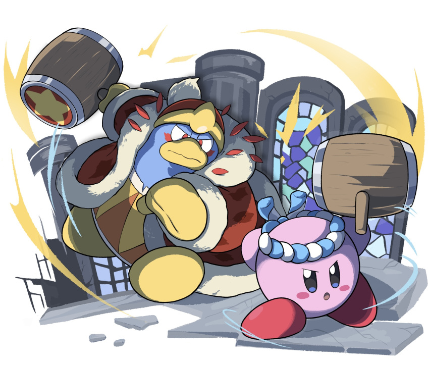 battle blush_stickers coat copy_ability facepaint fur-trimmed_coat fur_trim gloves hachimaki hammer hammer_kirby headband highres holding holding_hammer king_dedede kirby kirby_(series) kirby_and_the_forgotten_land no_humans pillar pom_pom_(clothes) poyo_party red_coat red_eyes star_(symbol) yellow_gloves