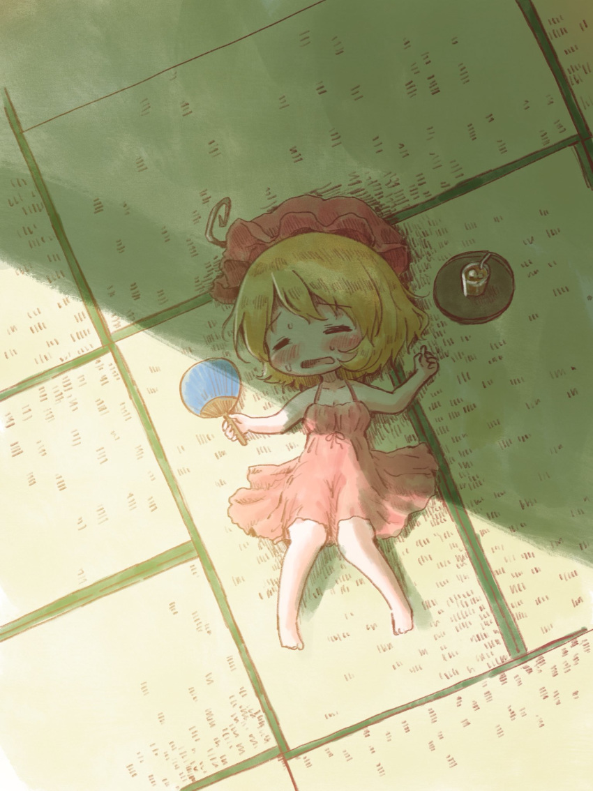 aki_minoriko arinu bare_shoulders barefoot blonde_hair blush bow closed_eyes collarbone commentary_request dress drinking_straw fan full_body hat highres ice ice_cube iced_tea lying mob_cap on_back open_mouth paper_fan red_bow red_dress red_hat short_hair solo sundress sweat sweatdrop tatami tea touhou tray uchiwa