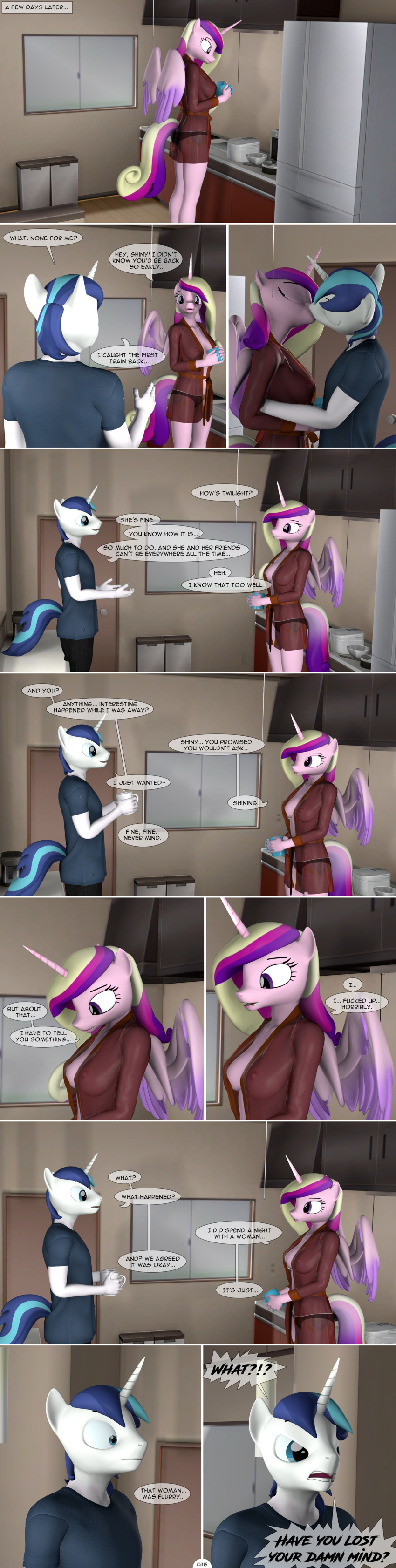 3d_(artwork) absurd_res angry breasts clothed clothing comic confession dialogue digital_media_(artwork) drama equid equine female friendship_is_magic hasbro hi_res horn kissing male mammal my_little_pony mythological_creature mythological_equine mythology open_clothing open_robe princess_cadance_(mlp) robe shining_armor_(mlp) side_boob spud-arts tall_image unicorn winged_unicorn wings