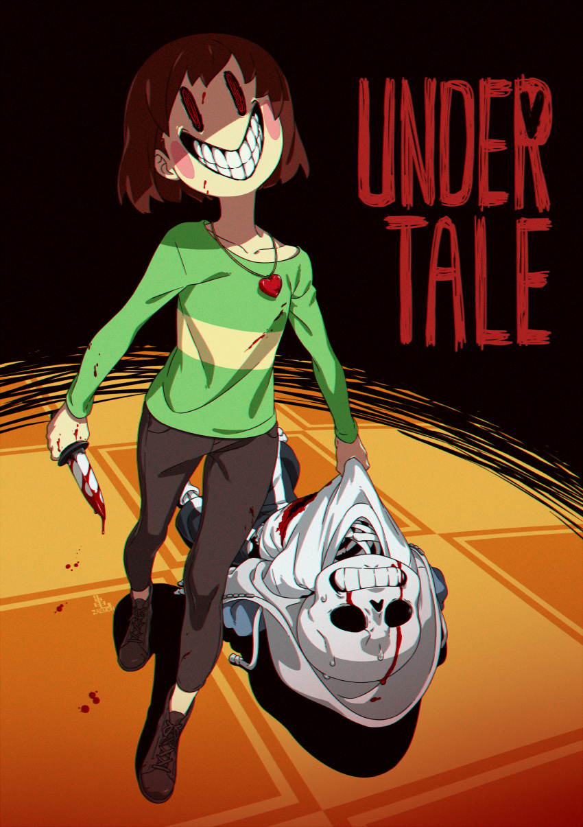 1boy 1other absurdres androgynous blood blood_on_clothes blood_on_face blood_on_knife blood_on_weapon blood_splatter blue_jacket blush_stickers brown_footwear brown_hair brown_pants cel_shading chara_(undertale) chromatic_aberration clenched_teeth clothes_grab collarbone commentary copyright_name crazy_eyes cross-laced_footwear deep_wound dragging drawstring evil_grin evil_smile facing_viewer from_above full_body green_sweater grin heart_pendant highres holding holding_knife hollow_eyes hood hooded_jacket horror_(theme) injury jacket jewelry kamezaemon knife long_sleeves no_nose other_focus pants pendant red_eyes sans shaded_face shirt shoes short_hair skeleton smile solid_oval_eyes stab sweat sweater teeth undertale walking weapon white_shirt