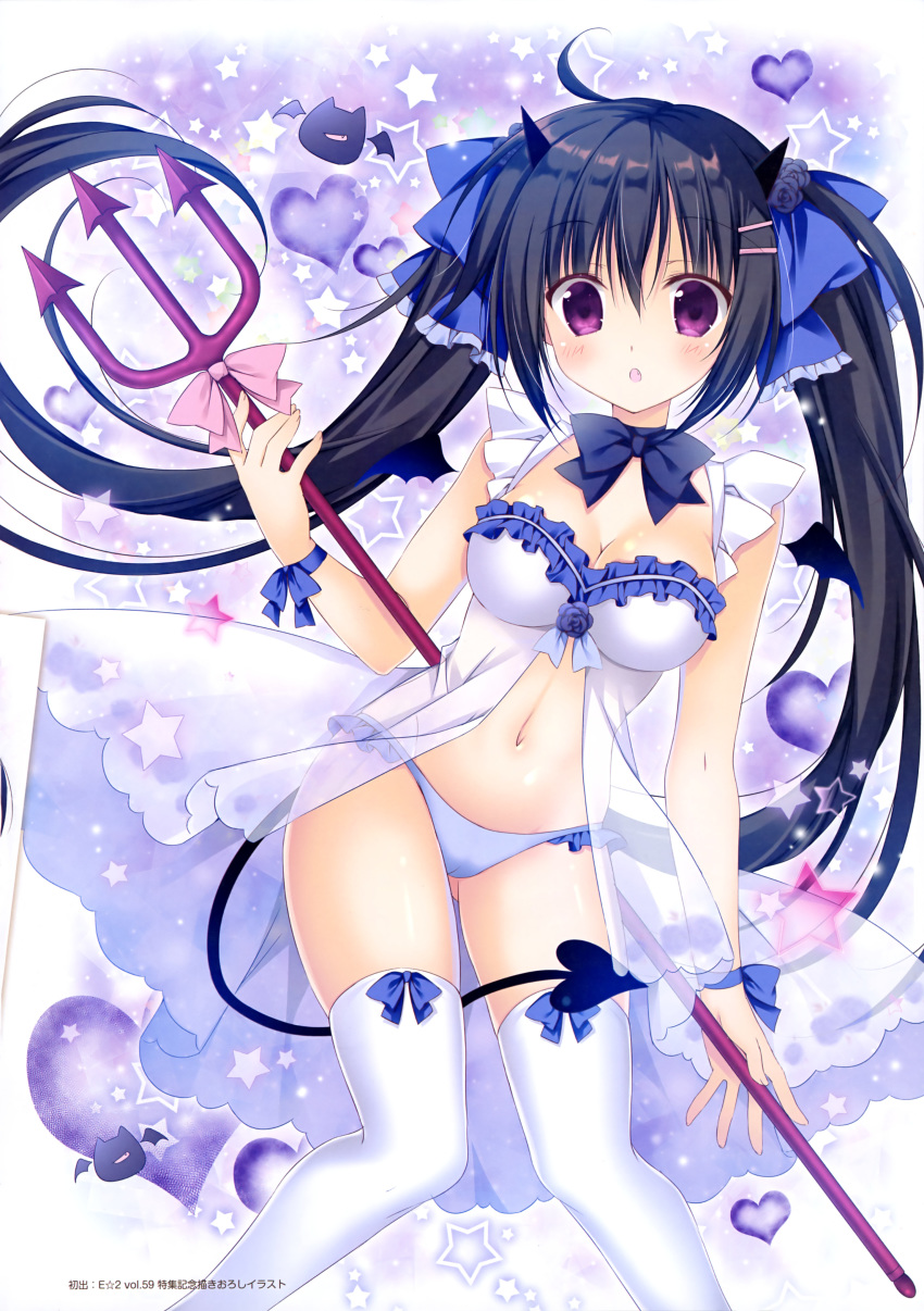 :o absurdres ahoge ass_visible_through_thighs bat black_hair blue_bow blue_flower blue_frills blue_neckwear blue_panties blush bow bow_legwear bowtie breasts cameltoe chibi cleavage creature demon_girl demon_horns demon_tail e_2 eyebrows_visible_through_hair eyes_visible_through_hair fang flower frilled_babydoll frilled_bow frilled_panties frills gradient gradient_background hair_between_eyes hair_bow hair_flower hair_ornament hairclip heart heart_background highres holding horns korie_riko long_hair looking_at_viewer magazine_scan medium_breasts navel official_art original panties pigeon-toed polearm print_babydoll purple purple_background purple_eyes scan skindentation solo standing star star_print starry_background tail thighhighs tongue translation_request trident twintails underwear underwear_only weapon white_babydoll white_background white_frills white_legwear wrist_bow