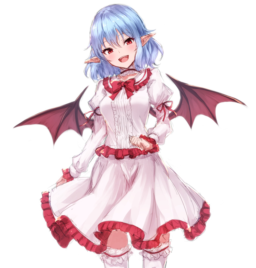:d arm_ribbon bat_wings blue_hair blush bow bowtie breasts center_frills choker commentary dress eyebrows_visible_through_hair feet_out_of_frame frilled_choker frilled_dress frilled_shirt_collar frills hair_between_eyes head_tilt highres juliet_sleeves junior27016 leg_garter long_sleeves looking_at_viewer medium_breasts no_hat no_headwear open_mouth pointy_ears puffy_sleeves red_bow red_eyes red_neckwear red_ribbon remilia_scarlet revision ribbon short_hair simple_background sketch smile solo standing thighhighs touhou white_background white_dress white_legwear wings zettai_ryouiki