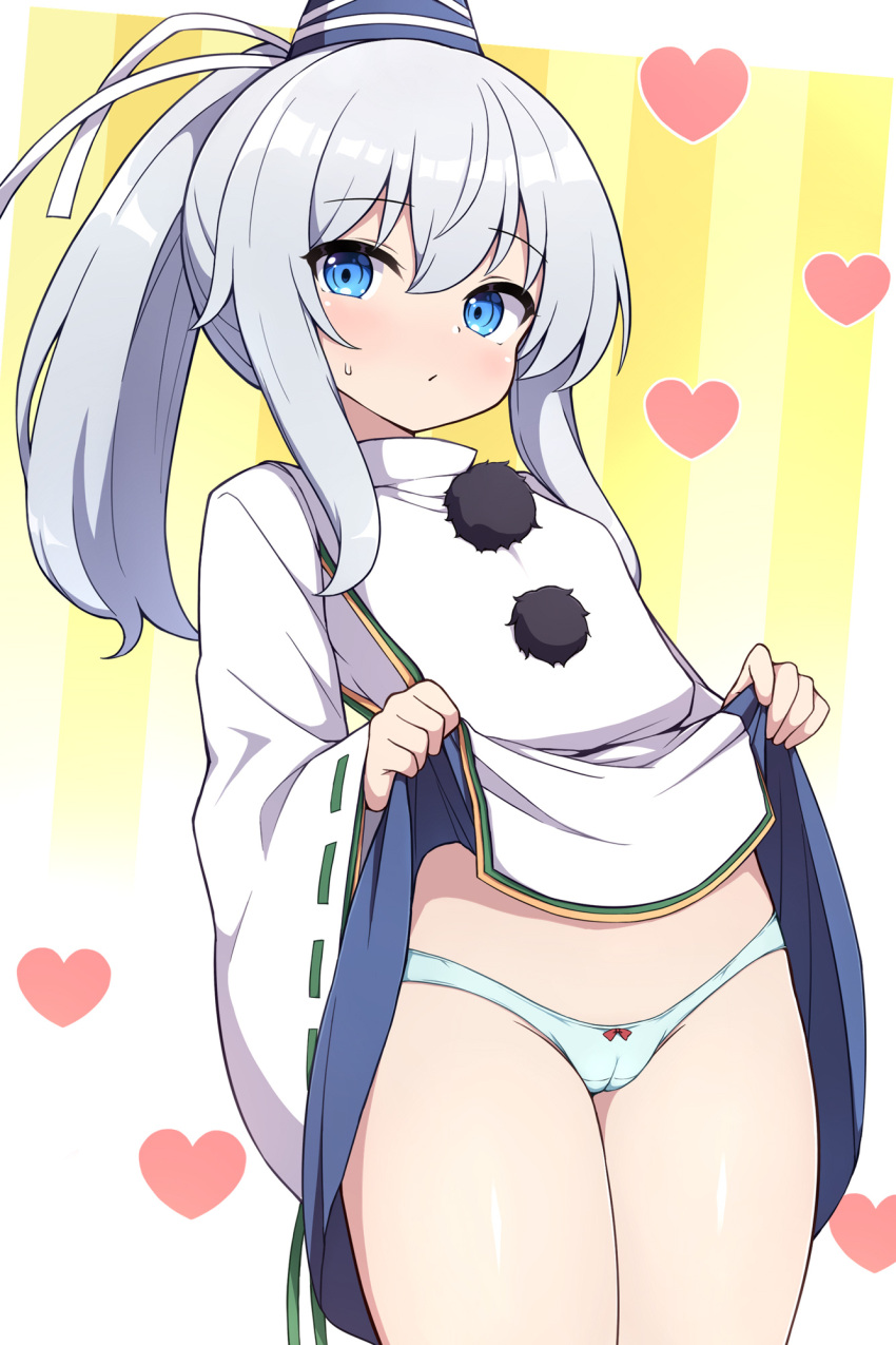 1girl :/ blue_eyes blue_skirt border bow bow_panties breasts cameltoe clothes_lift commentary_request cowboy_shot dot_nose grey_hair hair_between_eyes hat heart highres japanese_clothes kariginu lifted_by_self light_blush long_sleeves looking_at_viewer medium_hair mononobe_no_futo panties pom_pom_(clothes) ponytail ribbon-trimmed_sleeves ribbon_trim rizento skirt skirt_lift small_breasts solo striped_background sweatdrop tate_eboshi thighs touhou underwear upskirt white_border white_panties wide_sleeves yellow_background