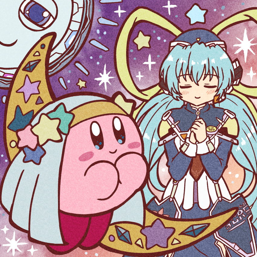 1girl absurdres blue_eyes blue_hair blush closed_mouth crossover dress green_eyes hair_ribbon hat highres hoshino_yumemi kirby kirby:_planet_robobot kirby_(series) long_hair long_sleeves low_twintails marihei64ds necktie no_humans planetarian praying red_necktie ribbon robot_ears skirt smile star_(symbol) star_dream twintails very_long_hair