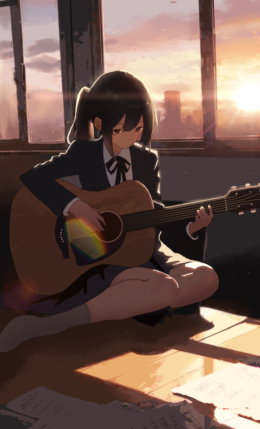 1girl absurdres black_hair black_jacket black_ribbon blazer brown_eyes closed_mouth collared_shirt commentary_request graduation grey_skirt guitar highres holding holding_instrument indoors instrument jacket k-on! kneehighs kotha_art long_hair music nakano_azusa neck_ribbon playing_instrument pleated_skirt ribbon sakuragaoka_high_school_uniform scenery school_uniform shirt sitting skirt socks solo sunset twintails white_shirt white_socks winter_uniform