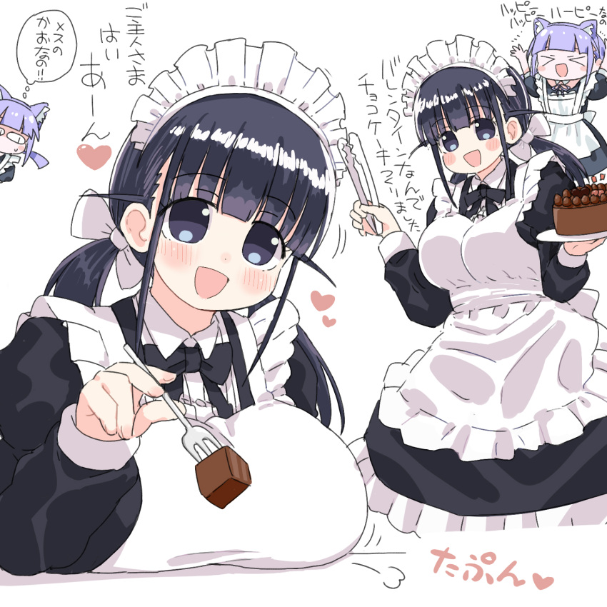 &gt;_&lt; 2girls alternate_costume animal_ears apron arms_up black_dress black_eyes black_hair blunt_bangs borrowed_character bow breast_rest breasts cake cat_ears chocolate_cake commentary_request dress food fork hair_bow happy_happy_happy_cat_(meme) heart highres holding holding_fork holding_plate holding_tongs large_breasts lokulo-chan long_dress maid_(naitou_kouse) maid_apron maid_headdress meme multiple_girls naitou_kouse open_mouth original plate purple_hair smile sweatdrop thought_bubble tongs translation_request twintails