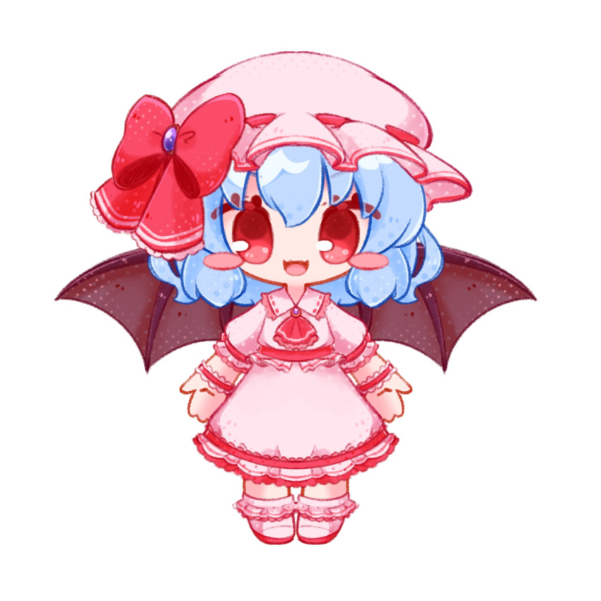 1girl ascot bat_wings blue_hair blush_stickers chibi dress fang frilled_dress frilled_sleeves frilled_wrist_cuffs frills hair_between_eyes hat highres inukkomaru looking_at_viewer mob_cap open_mouth pink_dress pink_eyes pink_headwear pink_ribbon red_ascot remilia_scarlet ribbon short_hair simple_background skin_fang smile solo standing touhou white_background wings wrist_cuffs