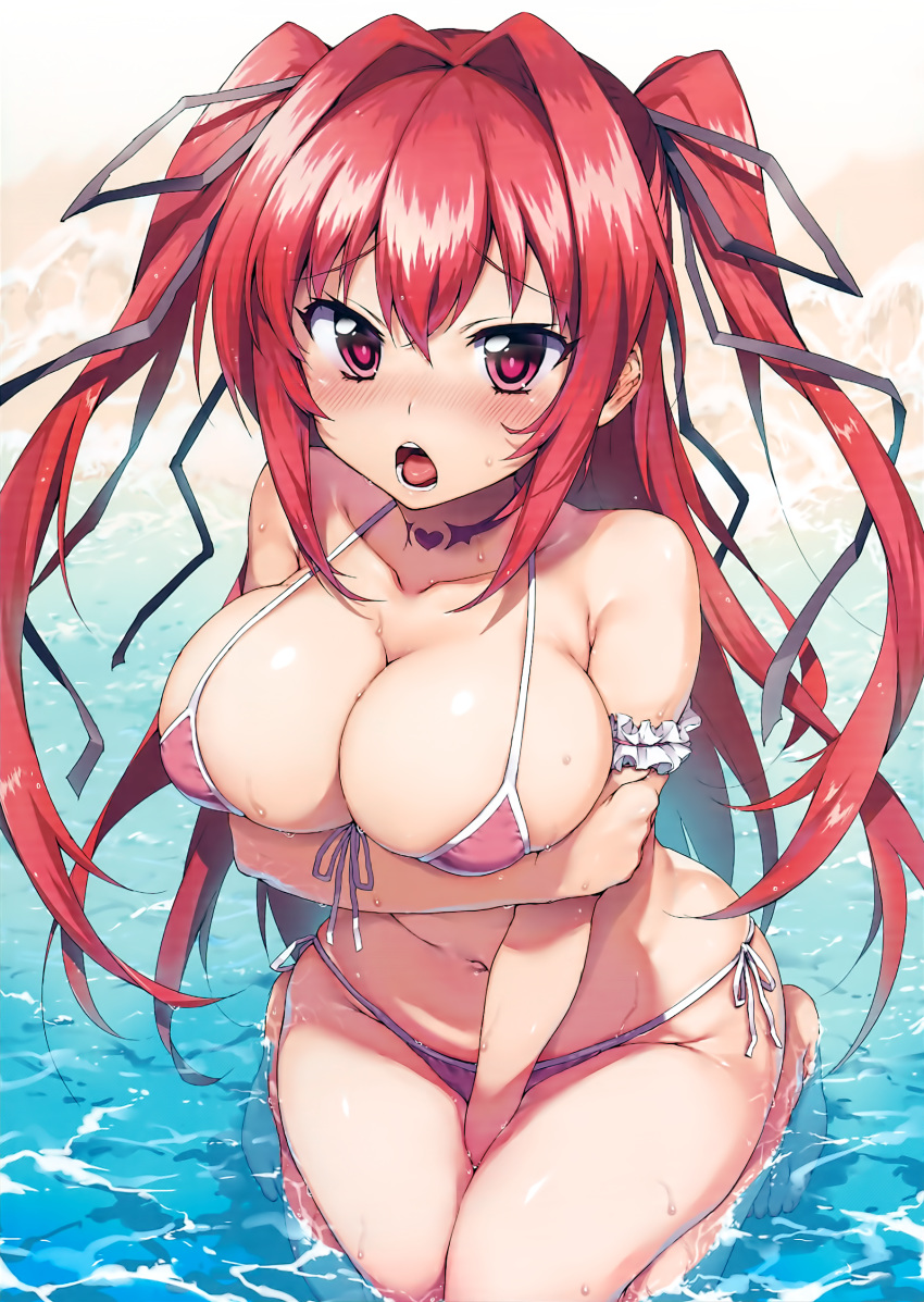 :o absurdres arm_garter arm_under_breasts bare_legs barefoot between_legs bikini blush breast_hold breasts bright_pupils cleavage collarbone cropped front-tie_bikini front-tie_top hair_intakes hair_ribbon halterneck hand_between_legs highres kneeling large_breasts long_hair looking_at_viewer mutyakai naruse_mio navel neck_tattoo outdoors partially_submerged pink_bikini purple_eyes red_hair ribbon scan shinmai_maou_no_testament side-tie_bikini sidelocks solo string_bikini swimsuit tattoo tongue two_side_up water wet
