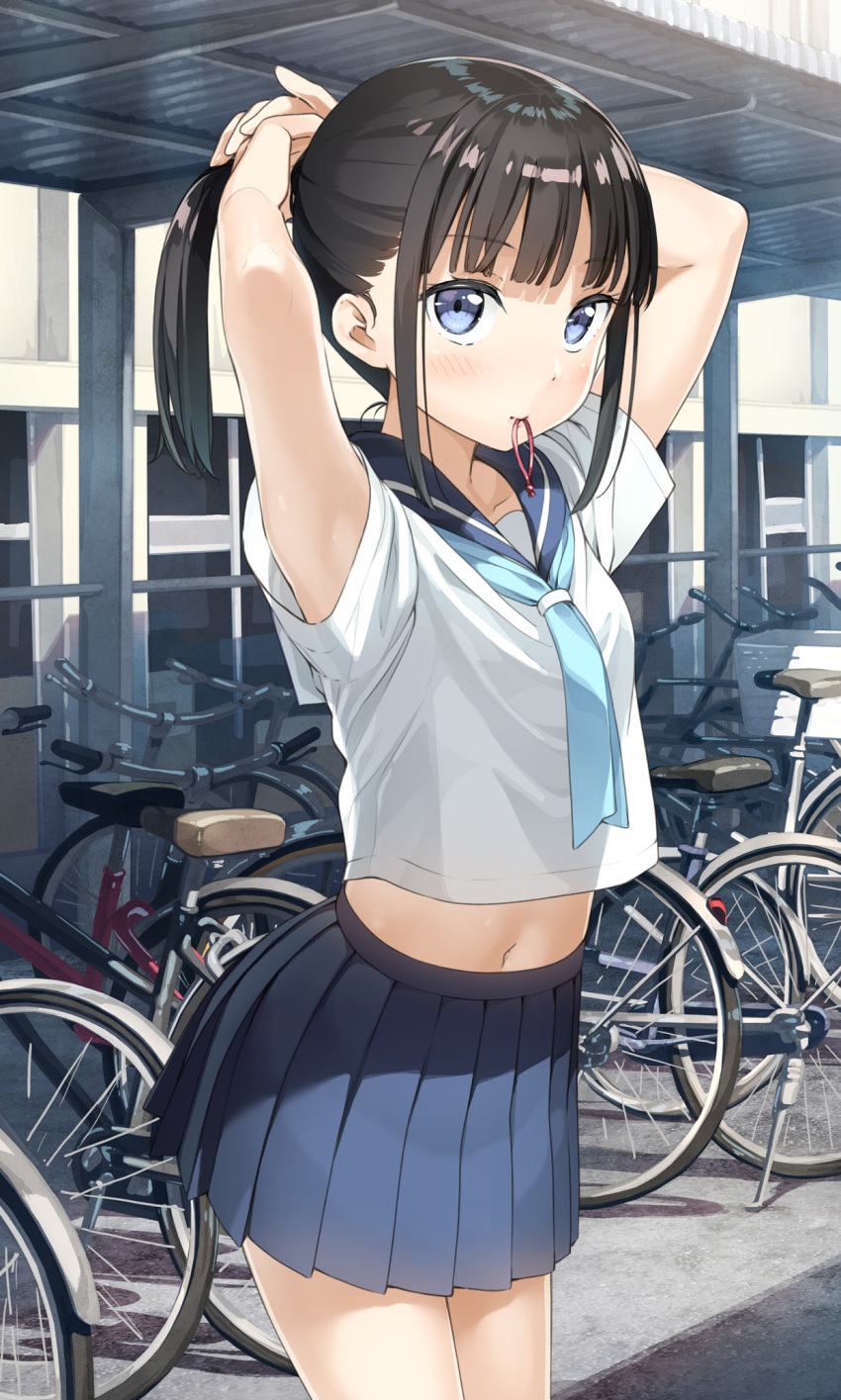 armpits arms_up bicycle black_hair blue_eyes breasts commentary_request cowboy_shot eyebrows_visible_through_hair ground_vehicle highres kantoku looking_at_viewer midriff mouth_hold navel original outdoors pleated_skirt school_uniform serafuku short_sleeves sidelocks skirt small_breasts solo tying_hair