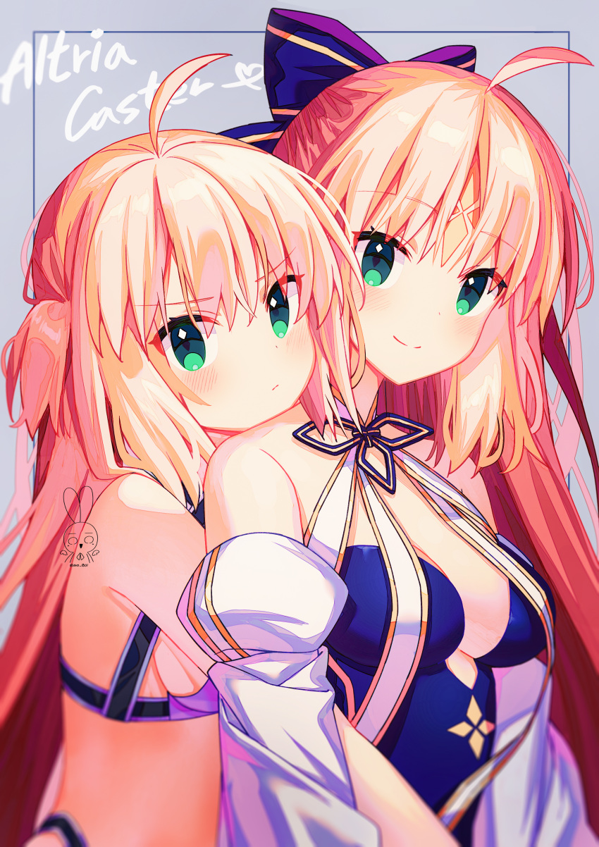 2girls absurdres aro_1801 artoria_caster_(fate) artoria_caster_(swimsuit)_(fate) artoria_caster_(swimsuit)_(first_ascension)_(fate) artoria_caster_(swimsuit)_(third_ascension)_(fate) artoria_pendragon_(fate) blue_one-piece_swimsuit blue_ribbon blush breasts character_name cleavage closed_mouth commentary_request detached_sleeves dual_persona facial_mark fate/grand_order fate_(series) forehead_mark green_eyes grey_background hair_ribbon highres hug hug_from_behind long_hair looking_at_viewer medium_breasts multiple_girls official_alternate_costume one-piece_swimsuit parted_bangs ribbon simple_background smile swimsuit twintails twitter_username very_long_hair