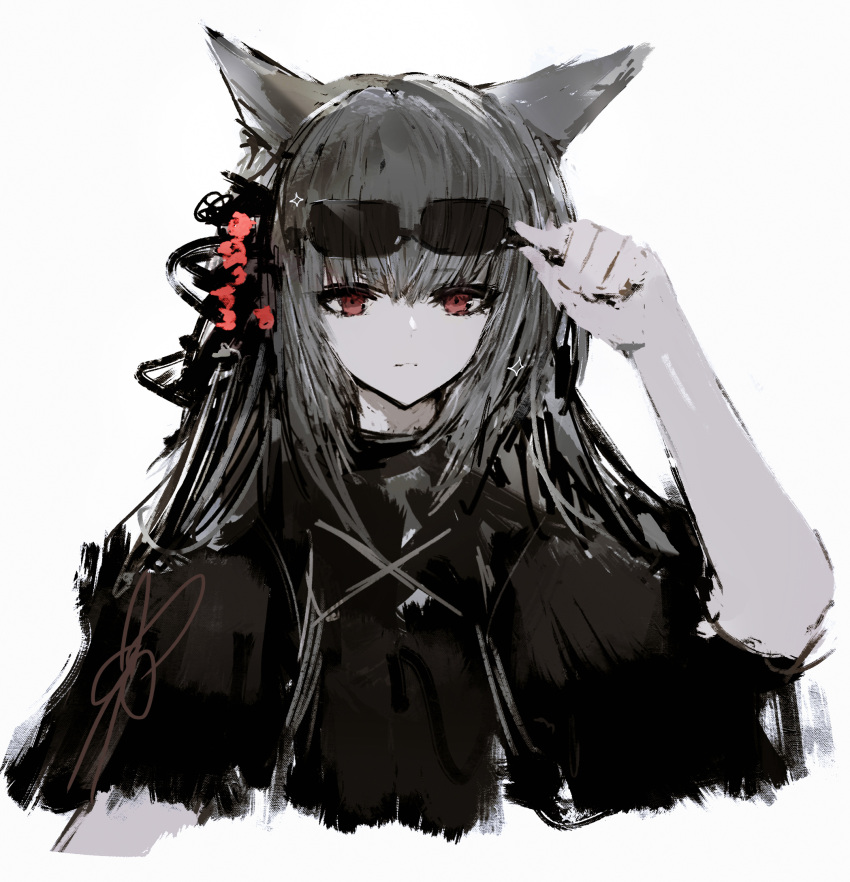 1girl :| adjusting_eyewear animal_ears arm_at_side black_shirt closed_mouth cropped_torso expressionless eyewear_on_head finger_on_eyewear fox_ears fox_girl grey_hair highres long_hair looking_at_viewer original red_eyes shirt sidelocks simple_background solo straight_hair sunglasses tuda6 white_background