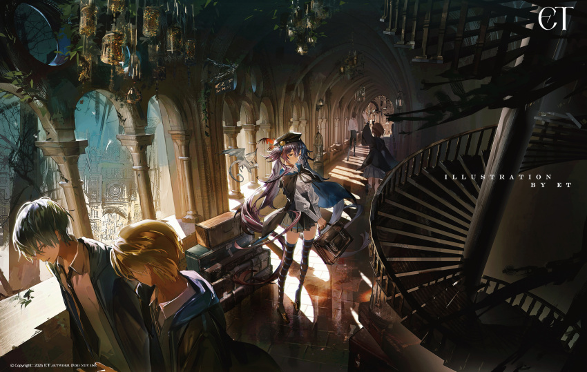 arch architecture artist_name bag beret center_frills coat collared_shirt et_atr3 frills hallway hat high-waist_skirt highres hood long_hair loose_necktie multicolored_hair necktie original pleated_skirt school_bag shirt skirt solo_focus spiral_staircase stairs standing thighhighs very_long_hair white_shirt