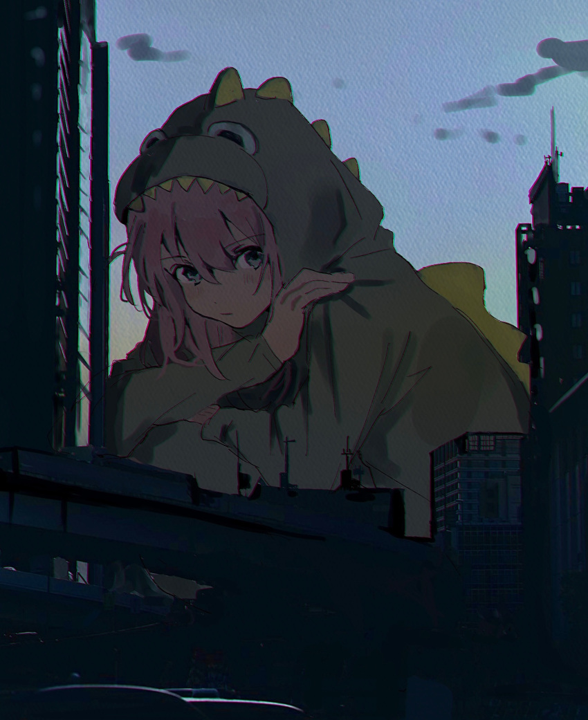 1girl blue_eyes blush bocchi_the_rock! building city cityscape closed_mouth dinosaur_costume dinosaur_hood dot_nose giant giantess gotoh_hitori hair_between_eyes hand_on_own_shoulder highres kamukamu810 long_hair long_sleeves looking_at_viewer sitting sky skyscraper solo