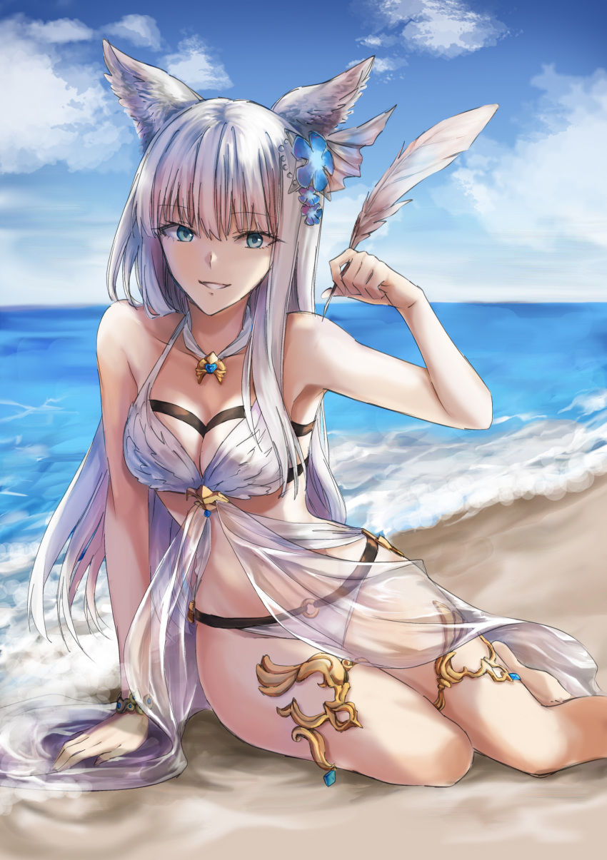 :d absurdres animal_ears arm_support bangs beach bikini blue_eyes blue_sky blunt_bangs bracelet breasts cleavage cloud collarbone day eyebrows_visible_through_hair granblue_fantasy highres holding_feather jewelry korwa long_hair looking_at_viewer medium_breasts o-ring o-ring_bikini ocean open_mouth outdoors see-through silver_hair sitting sky smile solo suprii swimsuit thighlet very_long_hair white_bikini