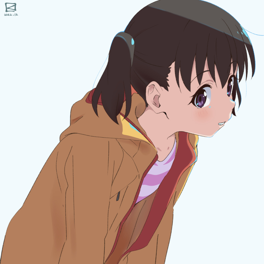 1girl black_hair highres jacket kuraue_hinata looking_at_viewer miyahara_takuya open_clothes open_jacket orange_jacket parted_lips purple_eyes shirt short_hair solo striped_clothes striped_shirt twintails upper_body yama_no_susume