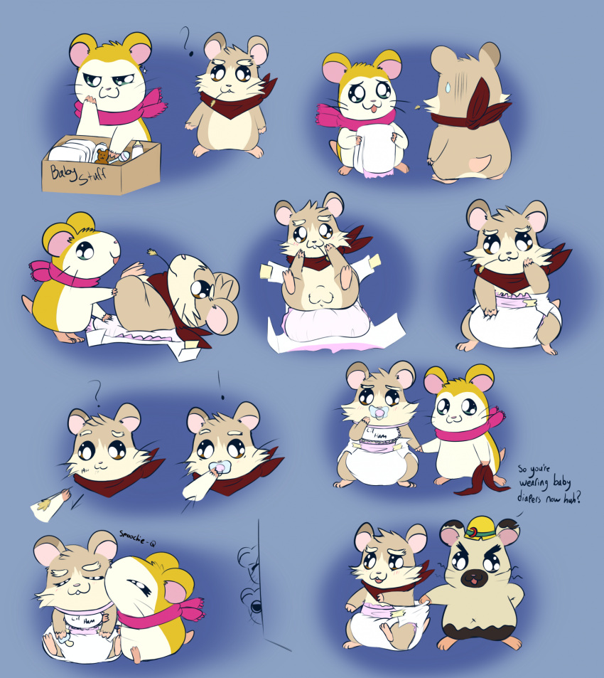ageplay anthro balls boss_(hamtaro) clean_diaper clothed clothing cricetid diaper diaper_change diaper_fetish digital_media_(artwork) duo english_text fan_character fang29 female fur genitals hair hamster hamtaro_(series) hi_res infantilism male male/female mammal multiple_images object_in_mouth pacifier pacifier_in_mouth pashmina_(hamtaro) rodent roleplay scarf tail text underwear wearing_diaper
