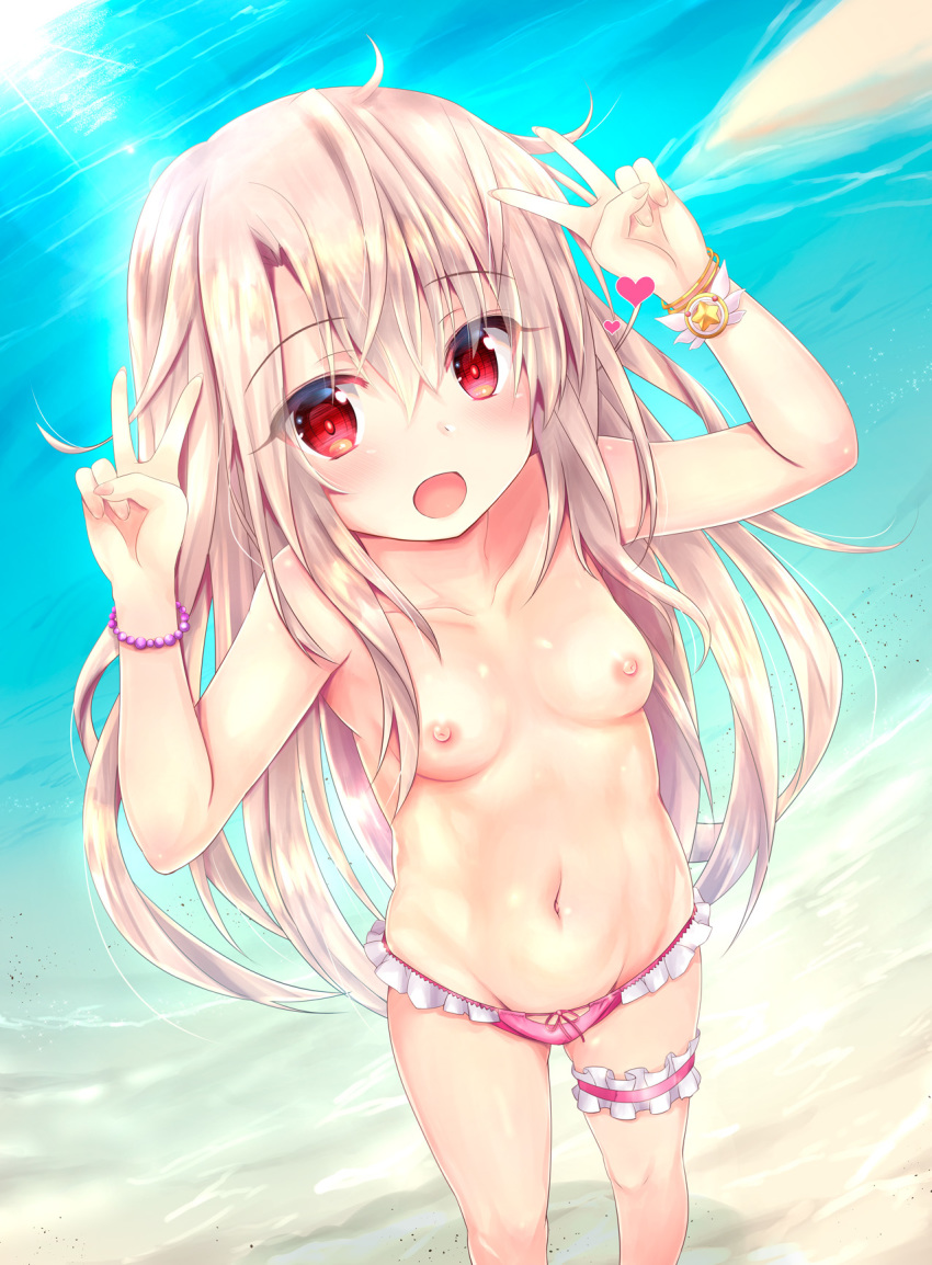 :d ahoge bangs beach blush bracelet breasts collarbone commentary_request day double_v eyebrows_visible_through_hair fate/grand_order fate/kaleid_liner_prisma_illya fate_(series) feet_out_of_frame fingernails foreshortening groin hair_between_eyes heart highres illyasviel_von_einzbern jewelry leg_garter legs_apart lens_flare long_hair looking_at_viewer navel nipples open_mouth outdoors pink_bikini_bottom prisma_illya red_eyes shaian sidelocks small_breasts smile solo standing stomach sunlight topless v water