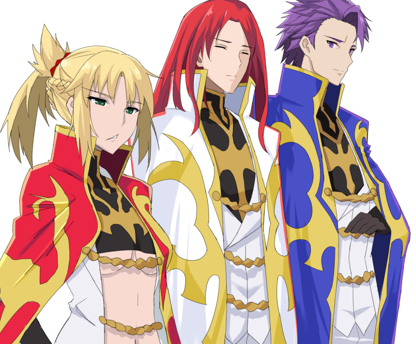 2boys black_gloves blonde_hair breasts cape code_geass cosplay fate/grand_order fate_(series) gloves green_eyes knights_of_the_round_uniform lancelot_(fate/grand_order) long_hair mordred_(fate) mordred_(fate)_(all) multiple_boys navel ponytail purple_eyes purple_hair red_hair simple_background takara_joney tristan_(fate/grand_order) underboob white_background