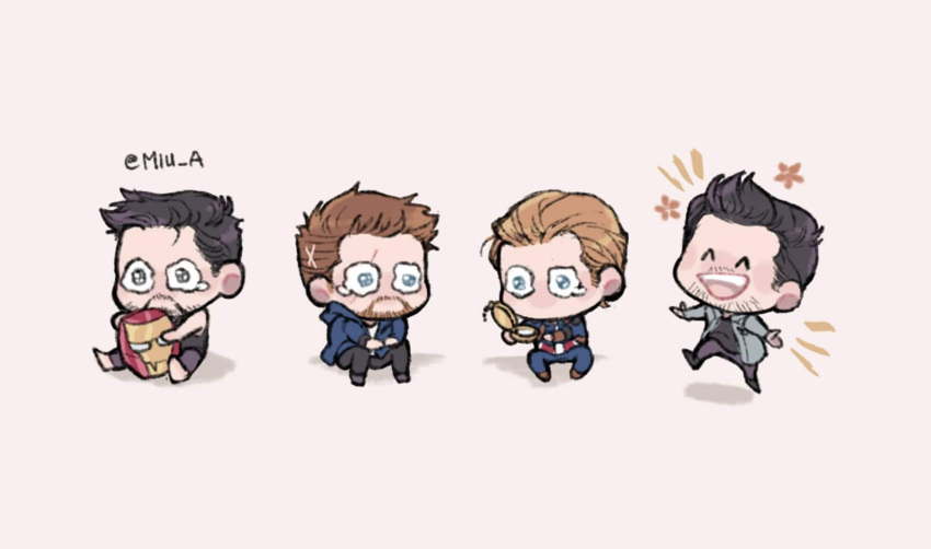 4boys akira_yoru avengers:_endgame avengers_(series) bare_shoulders barefoot beard black_footwear black_hair black_pants black_shirt black_tank_top blonde_hair blue_bodysuit blue_eyes blue_hoodie blue_jacket bodysuit boots brown_eyes brown_hair captain_america chibi closed_eyes collared_jacket compass english_commentary facial_hair full_body grey_pants hands_up happy helmet highres holding_compass hood hoodie iron_man jacket leg_up male_focus marvel marvel_cinematic_universe multiple_boys no_mouth open_clothes open_hoodie open_jacket open_mouth pants pink_background red_footwear sad scar scar_across_eye scott_lang shadow shirt shoes short_hair simple_background sitting smile standing standing_on_one_leg steve_rogers superhero t-shirt tank_top tearing_up teeth thor_(marvel) tony_stark twitter_username unworn_headwear unworn_helmet vertical-striped_bodysuit white_shirt