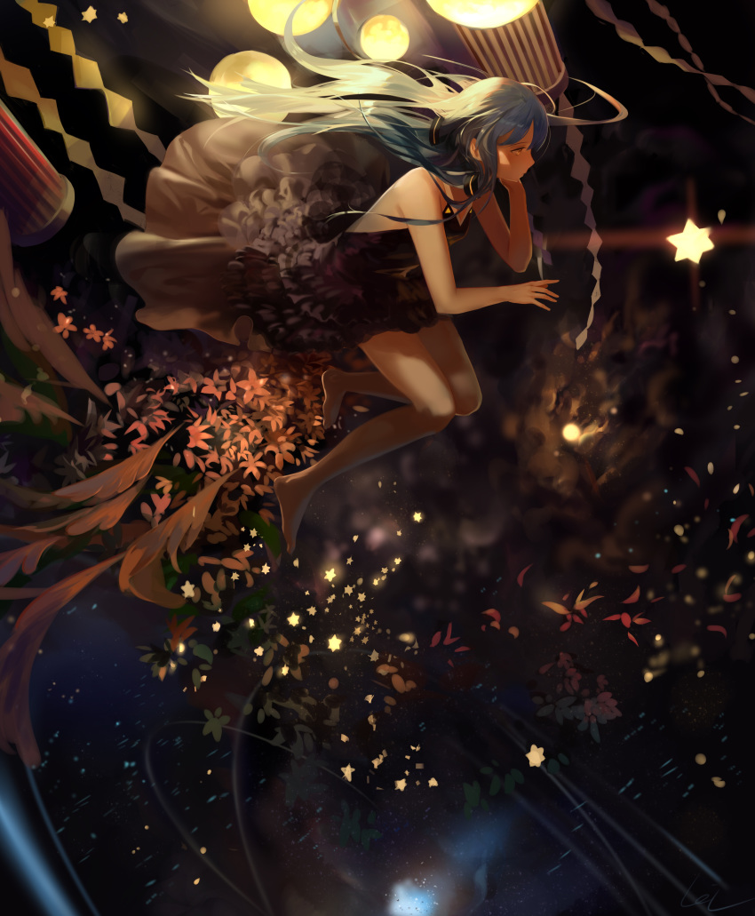 absurdres barefoot black_dress black_ribbon blue_hair brown_eyes dress floating_hair full_body hair_ribbon hair_undone highres leiq long_hair ribbon short_dress sleeveless sleeveless_dress solo very_long_hair vocaloid xingchen