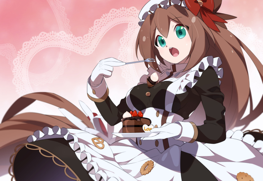 1girl apron black_dress breasts brown_hair cake commission dress eating food food_on_body food_on_breasts fork fruit gloves green_eyes hair_ribbon holding holding_fork iris_(mega_man) kaidou_zx long_hair medium_breasts mega_man_(series) mega_man_x_(series) mega_man_x_dive official_alternate_costume pixiv_commission ribbon solo strawberry valentine very_long_hair white_apron white_gloves white_headwear