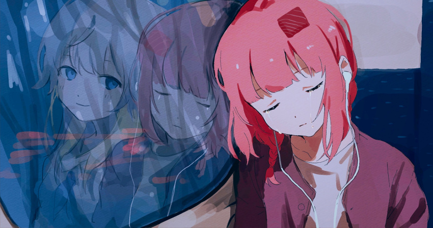 blonde_hair blue_eyes braid closed_mouth collarbone crying different_reflection earbuds earphones food food_on_head highres jacket kamukamu810 looking_at_another maguro-chan_wa_taberaretai! maguro_(maguro-chan) medium_hair misaki_(maguro-chan) object_on_head pink_hair red_jacket reflection shirt short_hair single_braid sitting smile train_interior tuna white_shirt window