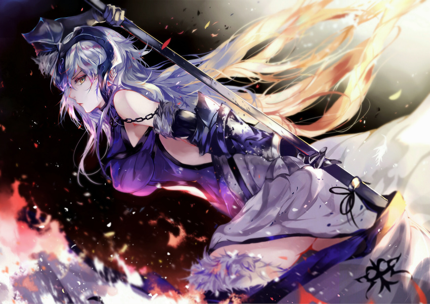 ass back_cutout bare_shoulders breasts covered_nipples cowter expressionless eyelashes fate/grand_order fate_(series) fur_trim gauntlets headpiece highres jeanne_d'arc_(fate) jeanne_d'arc_(fate)_(all) lips long_hair looking_at_viewer looking_to_the_side multicolored_hair running solo standard_bearer two-tone_hair vardan very_long_hair yellow_eyes