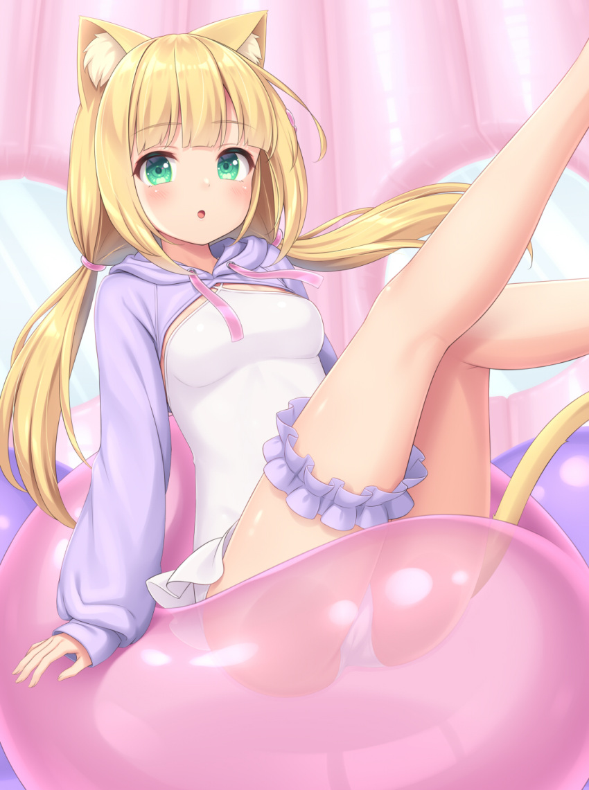 1girl :o animal_ears balloon blonde_hair blunt_bangs blush breasts bridal_garter casual_one-piece_swimsuit cat_ears cat_girl cat_tail feet_out_of_frame green_eyes highres long_hair low_twintails medium_breasts one-piece_swimsuit original sasaame shrug_(clothing) sitting solo swimsuit tail twintails white_one-piece_swimsuit
