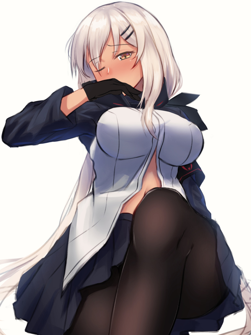 armband bangs black_gloves black_legwear blue_skirt blush book breasts covering_mouth dark_skin eyebrows_visible_through_hair girls_frontline gloves hair_between_eyes hair_ornament hairclip highres knee_up large_breasts lodbyy long_hair looking_at_viewer midriff mossberg_m590_(girls_frontline) navel one_eye_closed open_book pantyhose pleated_skirt sidelocks silver_hair simple_background sitting skirt solo very_long_tail white_background yellow_eyes