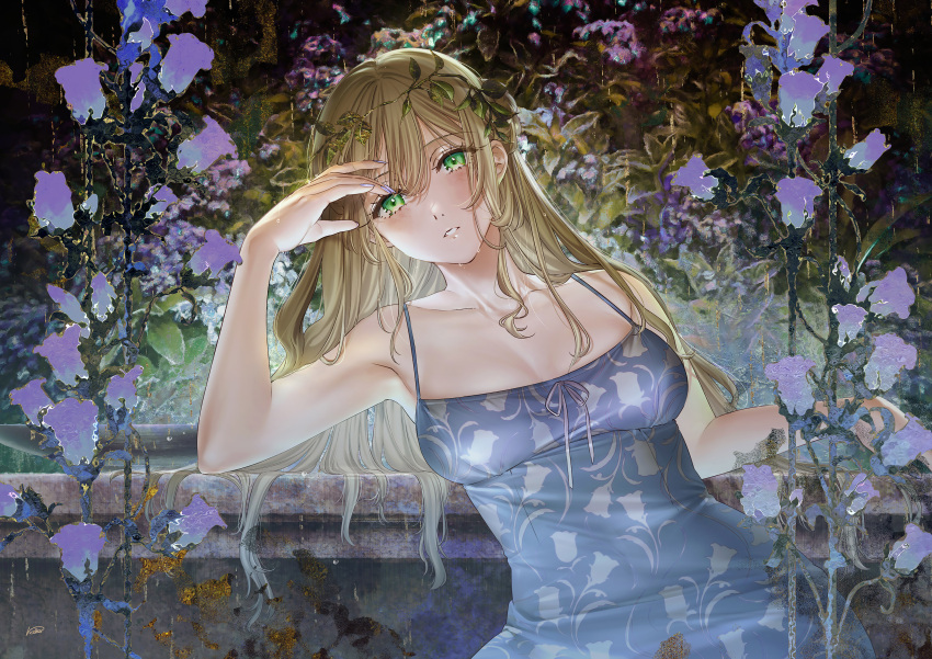 1girl absurdres armpits blonde_hair blue_dress blush breasts commentary_request double-parted_bangs dress dress_ribbon elbow_rest eyelashes fingernails floral_print_dress flower green_eyes hair_between_eyes hand_on_own_face hand_up highres kippu large_breasts leaning_to_the_side long_bangs long_hair looking_at_viewer nail_polish original parted_lips plant purple_flower purple_nails purple_ribbon ribbon signature sleeveless sleeveless_dress solo spaghetti_strap upper_body water_drop