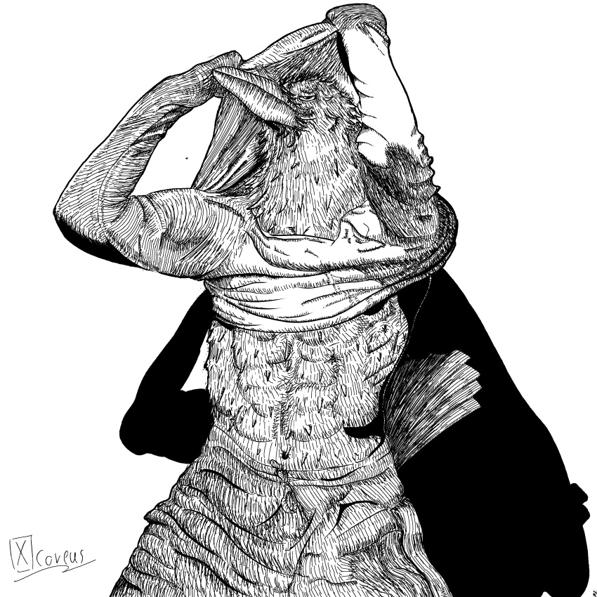 absurd_res anthro avian bird black_and_white clothing comic corvid corvus_(genus) crow detailed hi_res line_art male manga monochrome muscular oscine passerine pulling_shirt sexy_eyes shaded shadow shirt signature simple_background tail topwear xcoreus