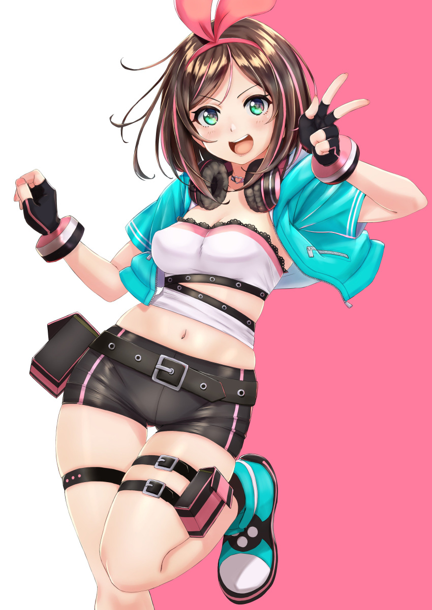 a.i._channel absurdres arm_warmers bangs belt black_shorts bow breasts brown_hair collarbone commentary_request cowboy_shot crop_top eyebrows_visible_through_hair fingerless_gloves gloves green_eyes green_footwear green_jacket hair_between_eyes hairband headphones highres jacket kizuna_ai lace long_hair looking_at_viewer mirai_akari mirai_akari_project misairu multicolored_hair navel open_mouth pink_background pink_bow pink_hairband pink_ribbon ribbon shirt short_shorts shorts simple_background sleeveless sleeveless_shirt smile solo standing streaked_hair swept_bangs thigh_strap two-tone_hair virtual_youtuber white_background