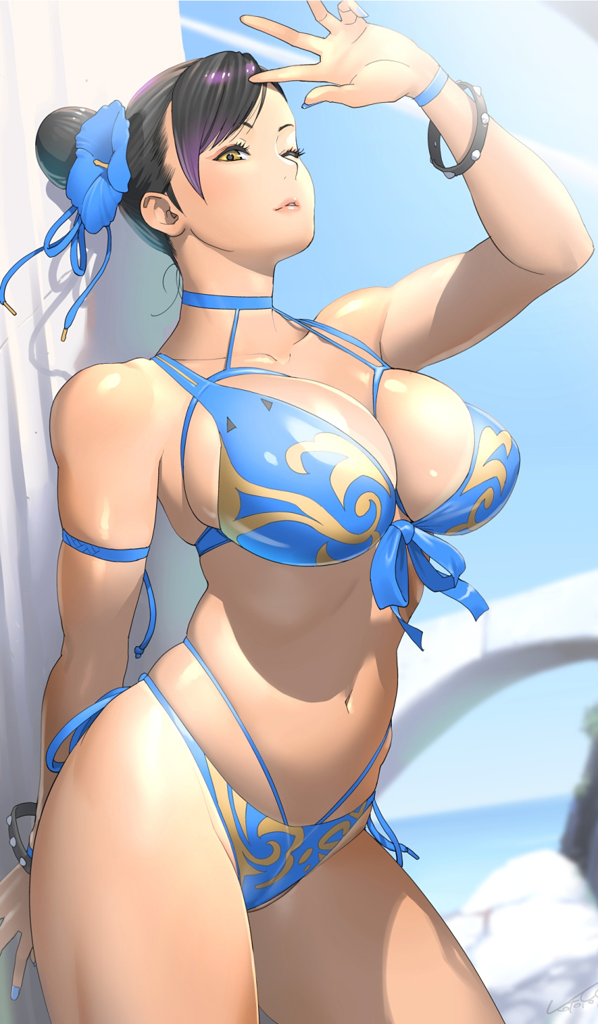 1girl arm_up bare_shoulders bikini blue_bikini blue_footwear blue_ribbon blue_sky bracelet breasts bun_cover chun-li collarbone day flower hair_bun hair_flower hair_ornament highres jewelry kotoyoshi_yumisuke large_breasts lips looking_at_viewer navel ocean one_eye_closed outdoors parted_lips ribbon signature single_hair_bun sky solo standing stomach street_fighter sunlight swimsuit tanline_peek thick_thighs thighs toned yellow_eyes