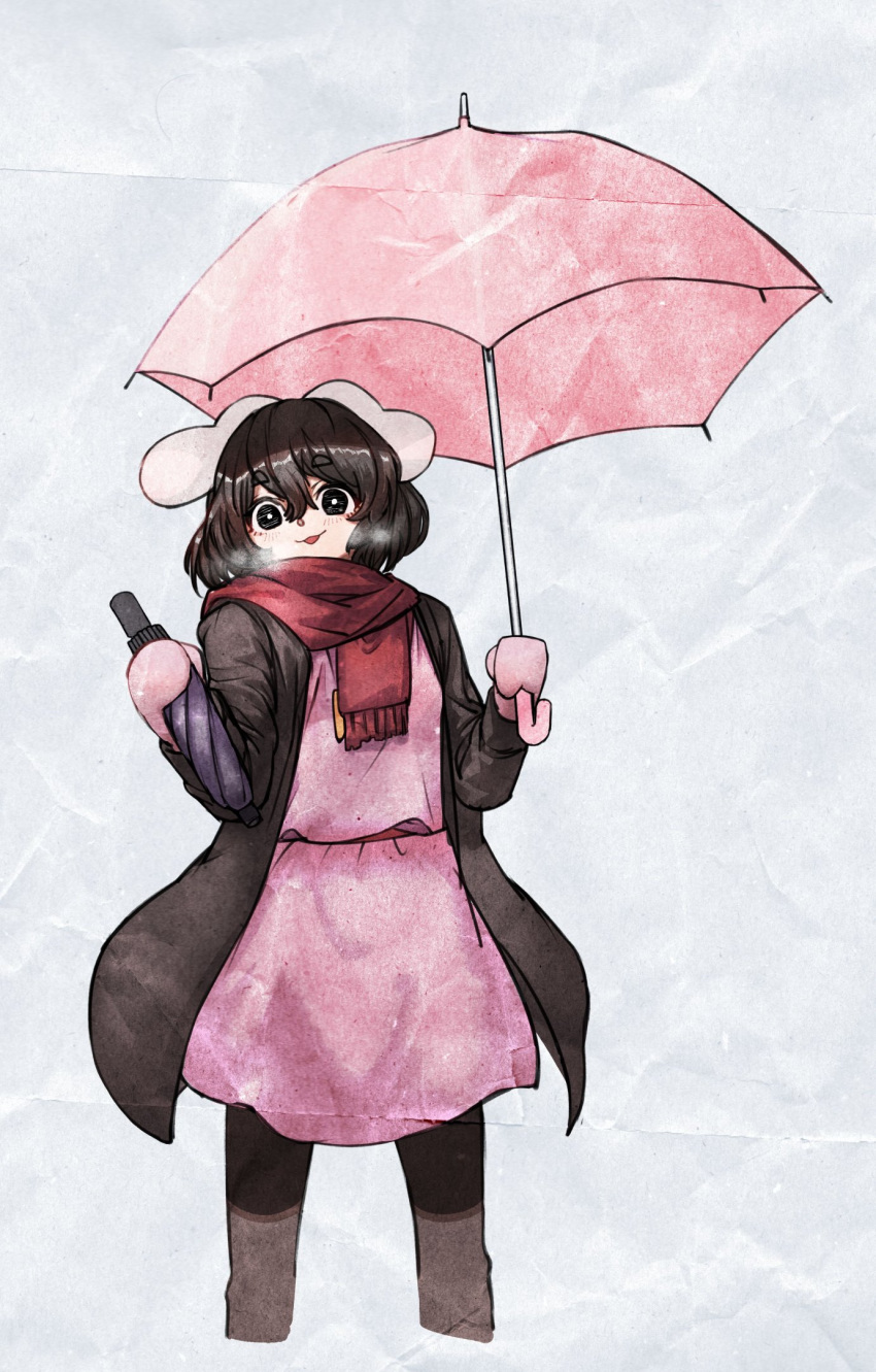 1girl animal_ears black_coat black_eyes black_hair blush breath brown_pantyhose carrot_necklace closed_umbrella coat commentary_request dress feet_out_of_frame floppy_ears highres holding holding_umbrella inaba_tewi jewelry looking_at_viewer mittens necklace nio_(meple_nio) open_clothes open_coat open_mouth pantyhose pink_dress pink_mittens pink_umbrella rabbit_ears rabbit_girl red_scarf scarf short_hair smile solo thick_eyebrows touhou umbrella