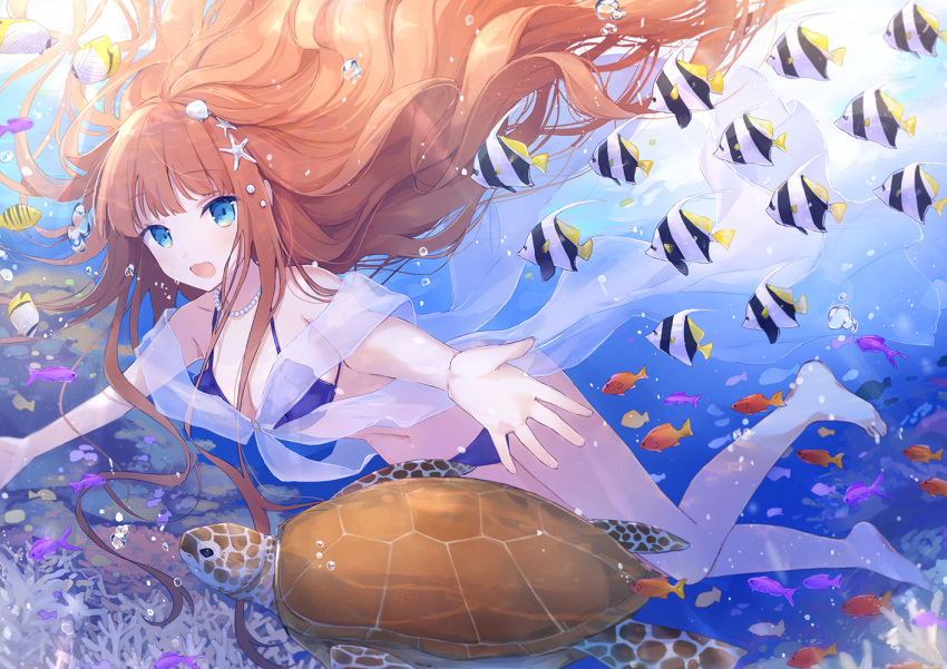 animal barefoot bikini blue_eyes bubbles fish long_hair navel orange_hair original swimsuit tagme_(artist) underwater water