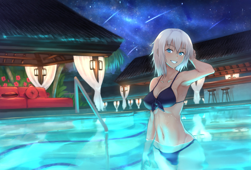 bangs bikini blue_bikini blue_eyes breasts cleavage commentary couch dark_skin english_commentary eyebrows_visible_through_hair grey_hair highres lantern lodbyy long_hair navel night night_sky open_mouth original partially_submerged pool sky smile solo swimsuit tan weapon white_hair