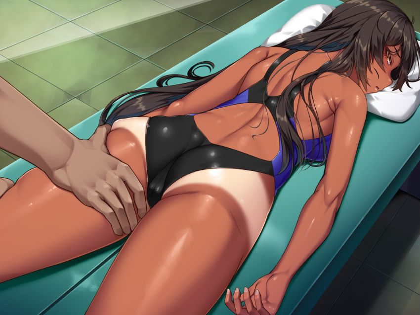 1boy 1girl arata ass back breasts brown_eyes cameltoe competition_swimsuit dark_skin half-closed_eyes highres long_hair lying massage massage_table on_stomach one-piece_swimsuit original parted_lips shiny_skin shiny_swimsuit swimsuit tan tanlines thigh_grab thighs tile_floor tiles