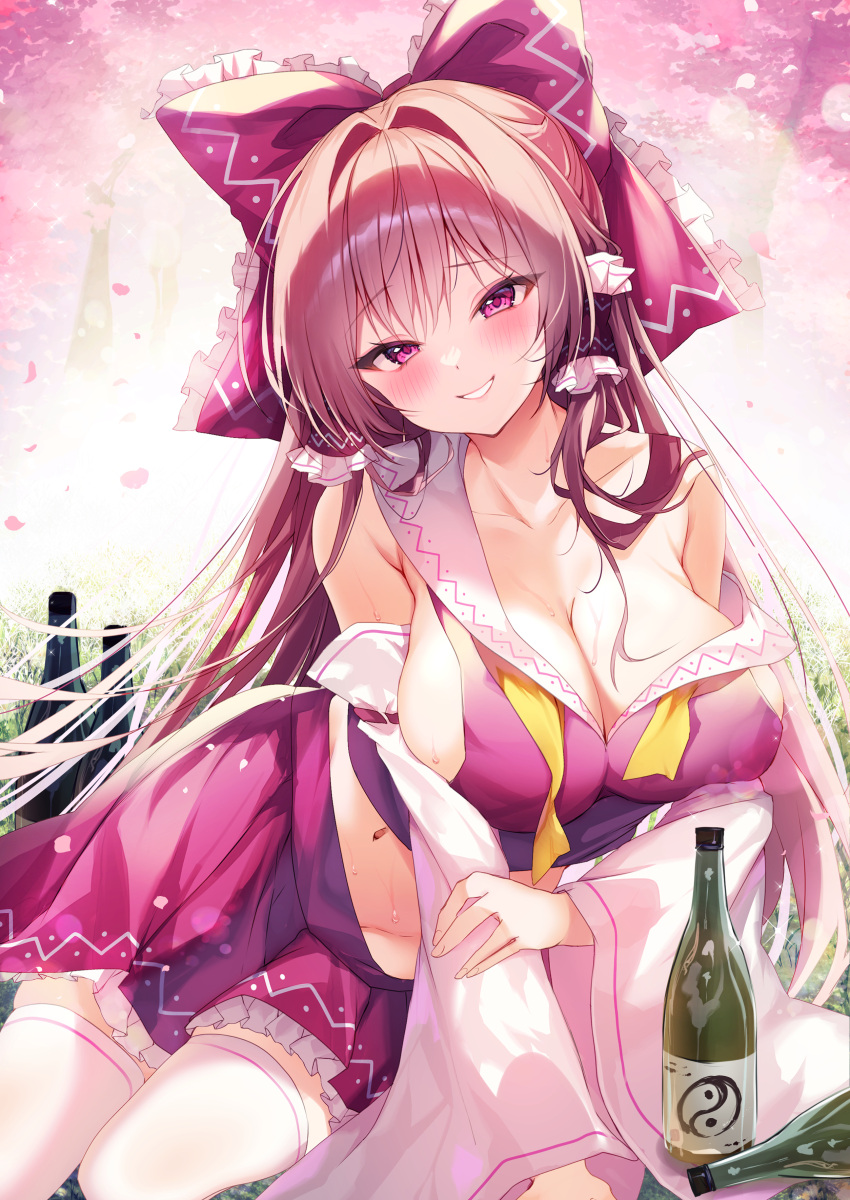 1girl absurdres blush bottle bow breasts brown_hair cleavage collarbone commentary_request detached_sleeves frilled_bow frilled_hair_tubes frills hair_bow hair_tubes hakurei_reimu highres large_breasts long_hair looking_at_viewer navel nenobi_(nenorium) off_shoulder pink_eyes red_bow red_skirt sitting skirt smile solo thighhighs thighs touhou white_sleeves white_thighhighs